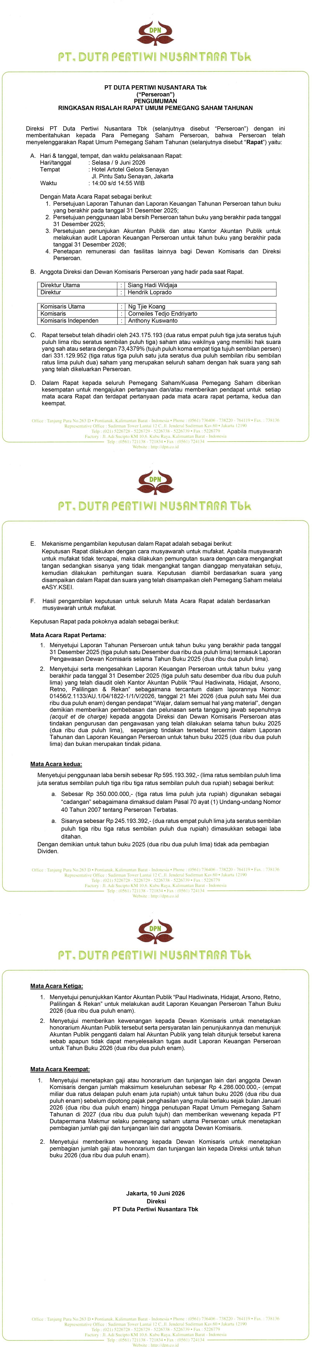 Risalah Rapat Umum Pemegang Saham Tahunan 09 Juni 2026